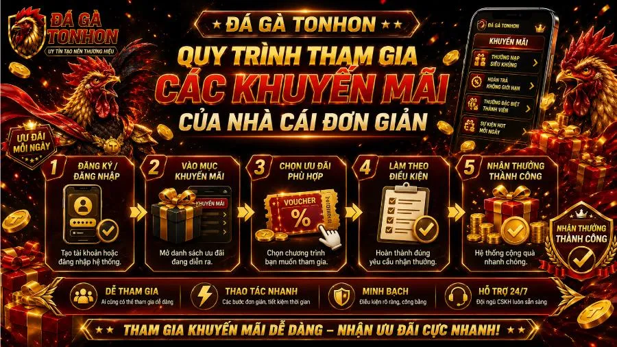Khuyến Mãi Đá Gà Tonhon - Điểm Danh Các Ưu Đãi Cực Khủng 2026 Quy trình tham gia các khuyến mãi của nhà cái đơn giản